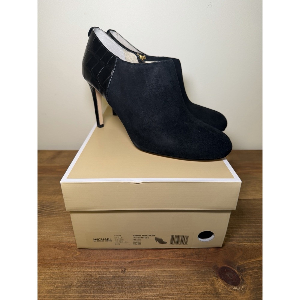 Michael Kors Sammy Ankle Boots black Suede Crocodile Leather Zip Heels 3.5" 8M